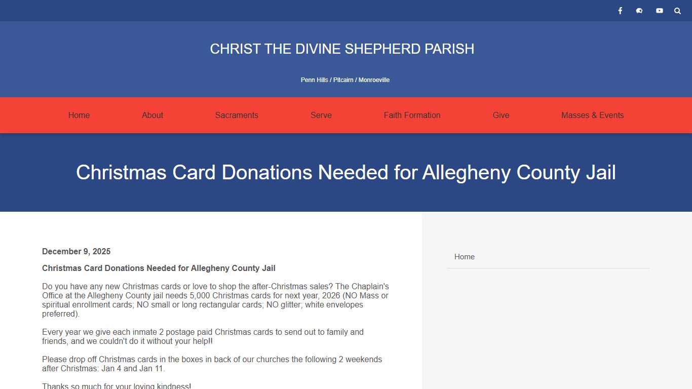 Christmas Card Donations Needed for Allegheny County Jail/Christ the Divine Shepherd Parish /PA