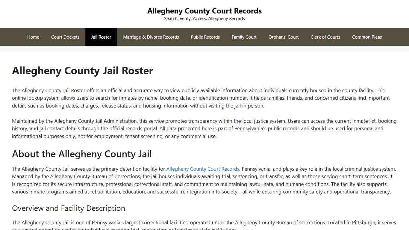 Allegheny County Jail Roster - Allegheny County Court Records